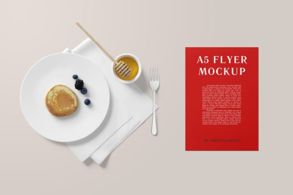 A5品牌传单印刷品样机模板 A5 Portrait Flyer Mockup &#8211; Breakfast Set