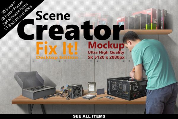 5K高清分辨率电脑修理场景样机 Scene Creator 5K FIX IT Desk Edition