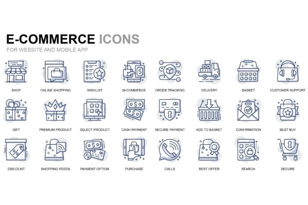 电子商务&amp;购物主题细线图标素材 E-Commerce and Shopping Thin Line Icons
