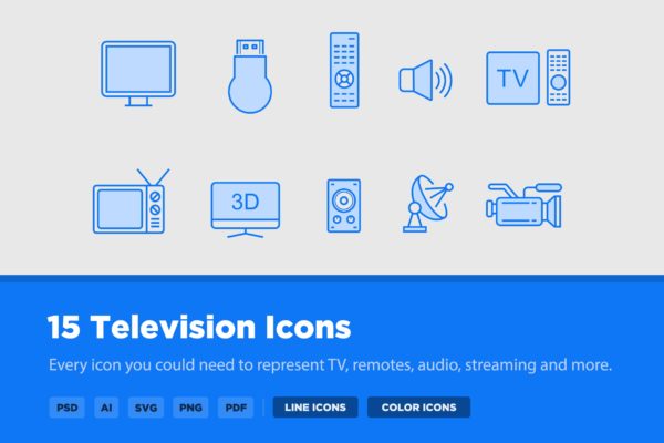 15枚TV&amp;电视设备矢量线性素材天下精选图标 15 TV &amp; Television Icons