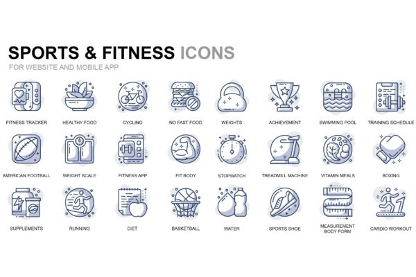 运动/健身主题线性图标矢量图标素材 Sport and Fitness Thin Line Icons