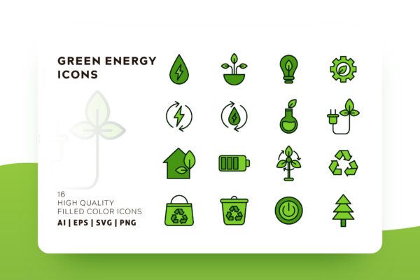 绿色能源主题Outline风格轮廓图标素材 GREEN ENERGY OUTLINE