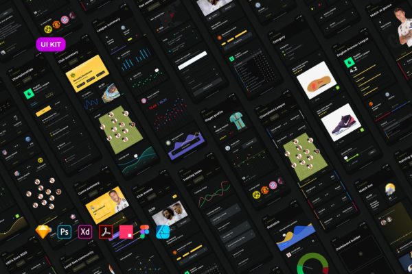 足球赛事APP应用UI设计普贤居精选套件[黑暗模式版本] Soccer mobile app – Dark UI