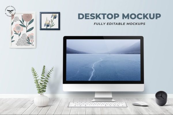 办公桌场景一体机电脑屏幕预览效果图素材中国精选样机 Desktop On Table Mockup