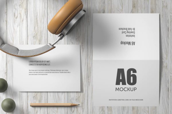A6横向双折页贺卡/请柬样机套装V1 A6 Landscape Bi-Fold Greeting Card Mockup &#8211; Set 1
