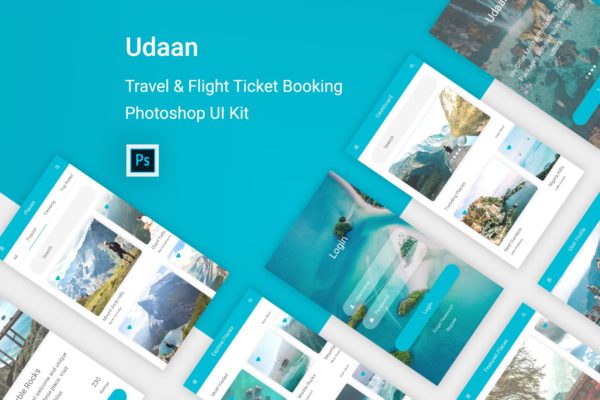 旅行和航班机票预订APP应用程序UI界面设计PSD模板 Udaan &#8211; Travel &amp; Flight Booking App for Photoshop