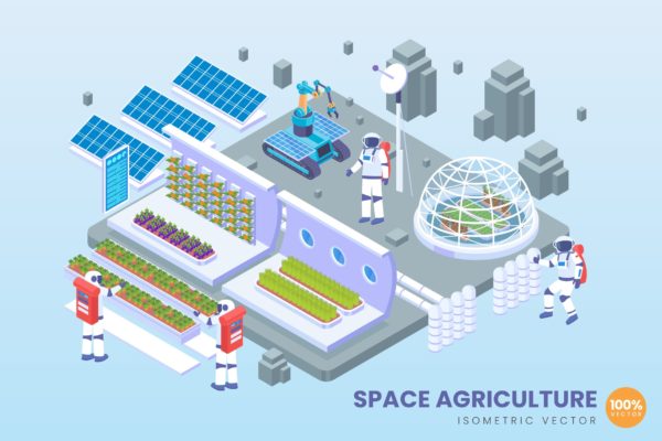 太空农业技术等距矢量普贤居精选科技概念插画 Isometric Space Agriculture Technology Vector