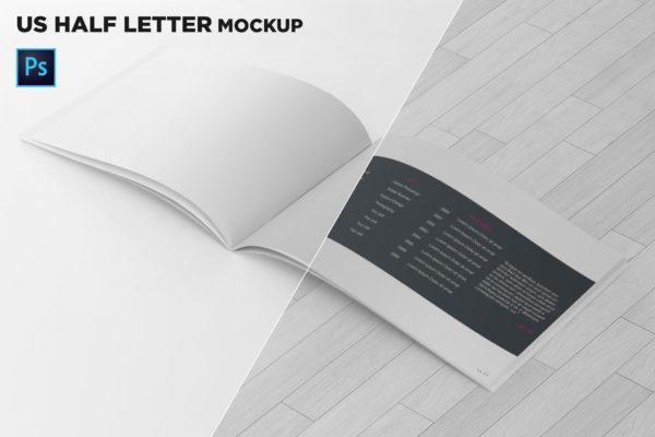 美国信纸规格宣传册内页透视图样机素材中国精选 US Half Letter Brochure Mockup Perspective View