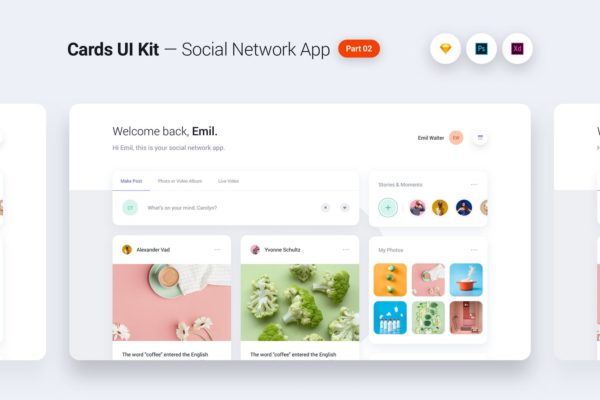 社交APP应用卡片式UI设计套件 Cards UI Kit &#8211; Social Network App Concept