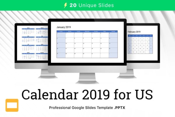 2019年新年年历Google幻灯片模板 Calendar 2019 US for Google Slides