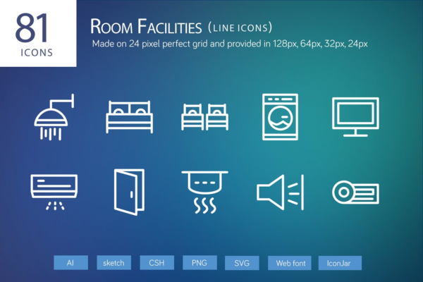81个房屋电器家居物品矢量线条图标  81 Room Facilities Line Icons