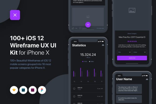 iOS应用设计开发线框图UI/UX设计套件 UIXO &#8211; iOS 12 Wireframe UI &amp; UX Kit &#8211; iPhone X