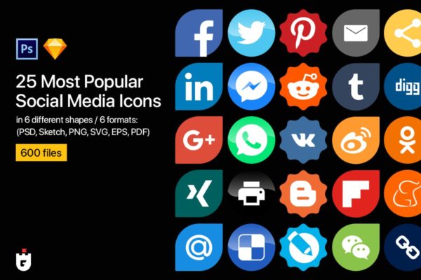 25枚主流社交媒体图标[6种设计风格] 25 Most Popular Social Media Icons in 6 shapes