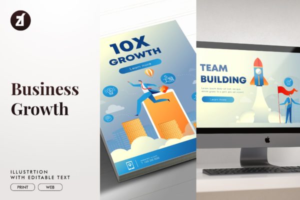 业务增长企业主题矢量插画素材 Business growth illustration with text layout