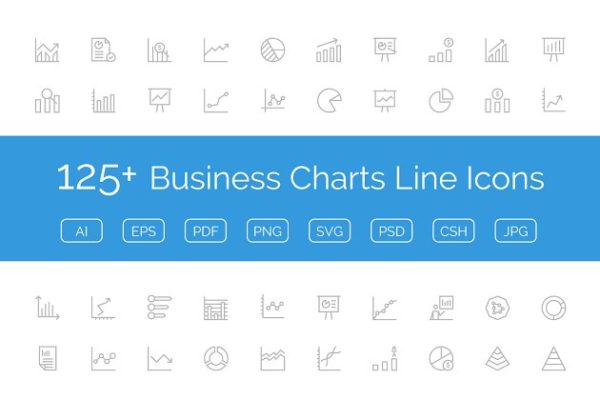 125+企业商务商业数据线条图标 125+ Business Charts Line Icons