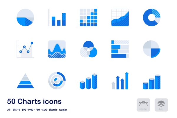 统计图表主题双色调扁平化矢量图标 Charts and Statistics Accent Duo Tone Flat Icons