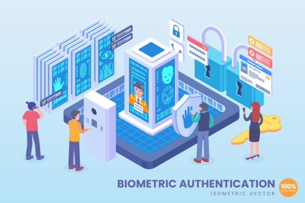 生物认证技术等距矢量概念插画素材 Isometric Biometric Authentication Technology