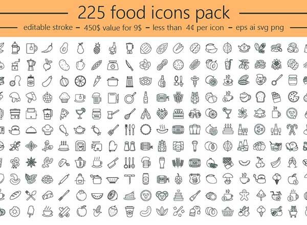 225+食物类线性矢量图标打包下载[eps,ai,svg,png]