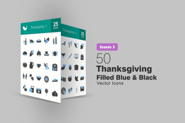50枚感恩节主题蓝黑配色矢量填充图标 50 Thanksgiving Filled Blue &amp; Black Icons