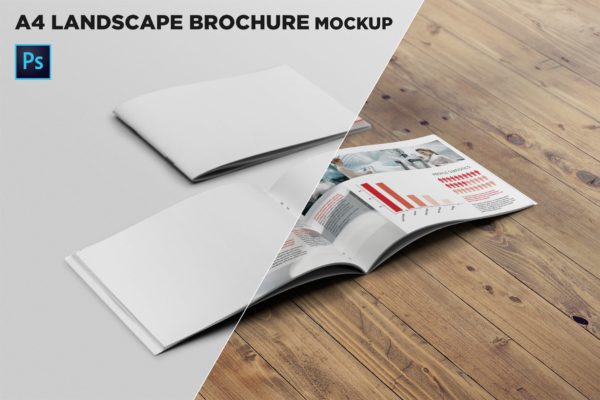 宣传画册/企业画册封面&amp;内页版式设计45度角效果图样机16图库精选 Cover &amp; Open Landscape Brochure Mockup