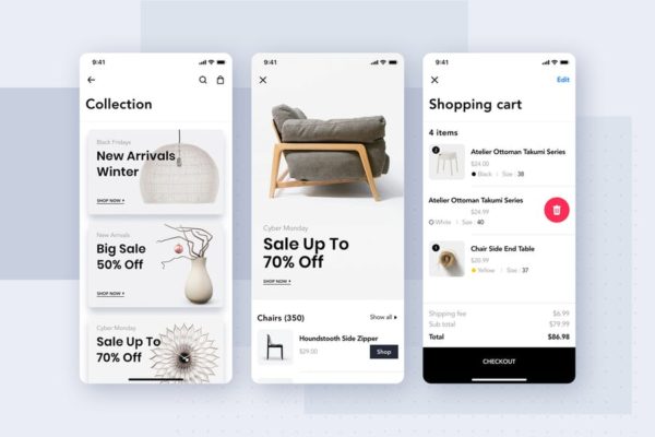 简约风格家具品牌商城促销活动＆购物车界面设计SKETCH素材 Furniture Shop Mobile App UI Concept