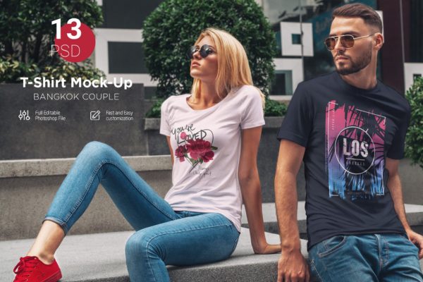 T恤情侣套装印花设计效果图样机 T-Shirt Mock-Up Couple In City