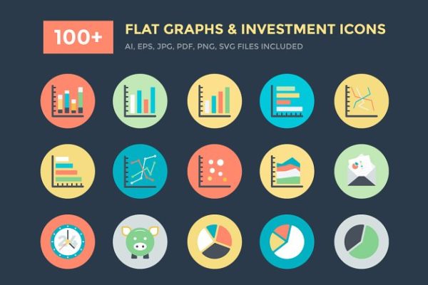 100+图表信息＆投资主题图标素材 100+ Flat Graphs and Investment Icon