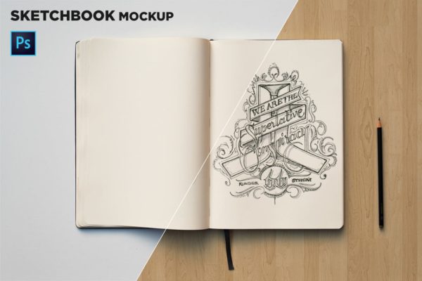 素描本内页设计/艺术作品展示顶视图样机普贤居精选 Sketchbook Mockup Top View