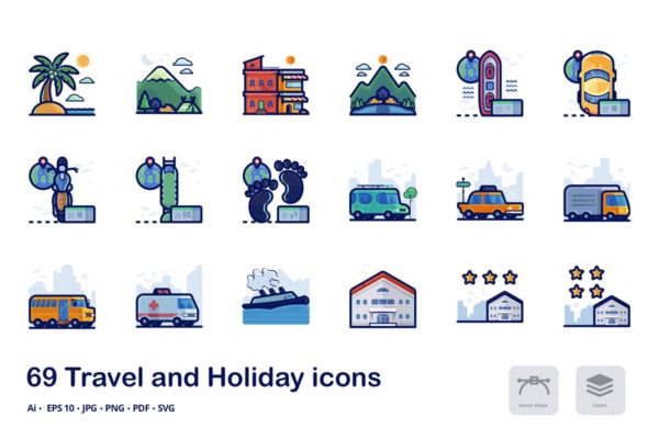旅行假日主题概念矢量图标 Travel and holiday filled outline icons