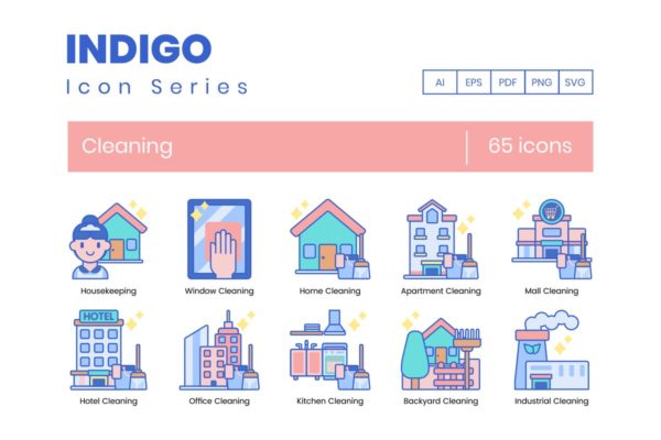 65个靛蓝配色家政清洁服务图标合集 65 Cleaning Icons | Indigo Series