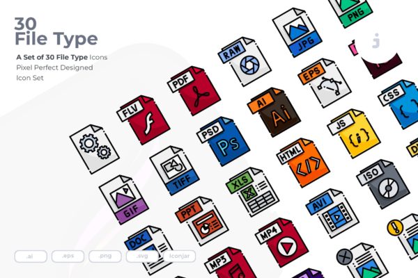 30种文件格式矢量16设计素材网精选图标 30 File Type Icons