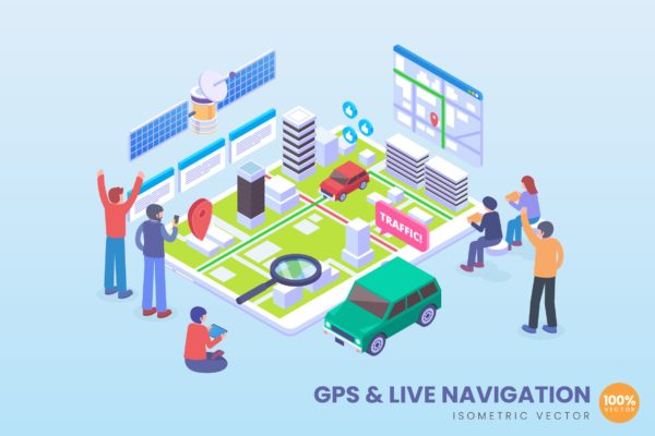 GPS和实时地图导航场景2.5D矢量等距概念插画 Isometric GPS &amp; Live Navigation Vector Concept