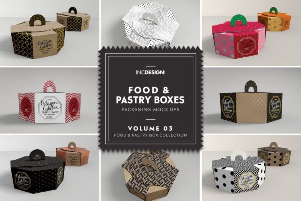 生日蛋糕八角形包装盒样机Vol.3 Food Pastry Boxes Vol.3: Packaging Mockups