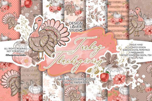 感恩节主题火鸡手绘图案数码纸张素材 Turkey Thanksgiving digital paper pack