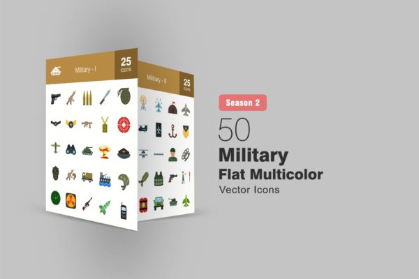 50枚军队装备主题扁平化多彩矢量16素材精选图标 II 50 Military Flat Multicolor Icons Season II