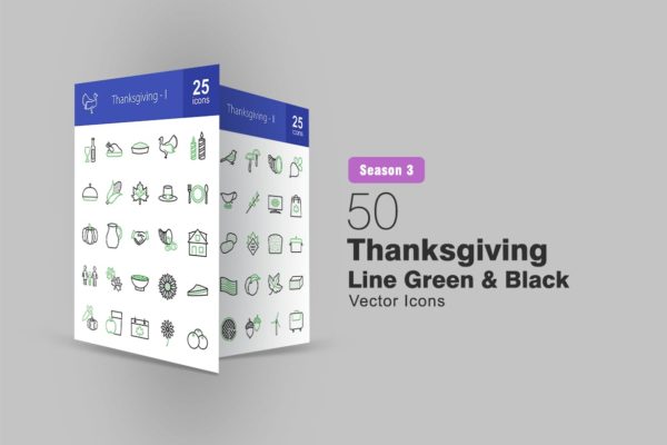 50枚感恩节主题绿黑配色矢量线性16设计素材网精选图标 50 Thanksgiving Line Green &amp; Black Icons