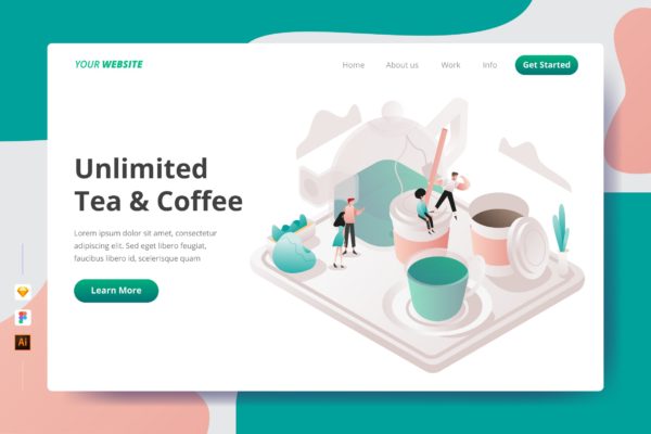 咖啡&amp;饮茶文化主题插画网站着陆页设计素材天下精选模板 Unlimited Tea &amp; Coffee &#8211; Landing Page