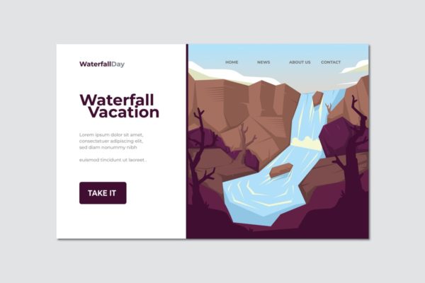 假期旅行瀑布概念插画网站着陆页设计模板 Waterfall Vacation Landing Page Illustration