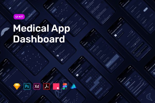 私人医生医药健康主题APP应用仪表盘UI设计套件 Dark Medical App Dashboard – MedUX UI Kit