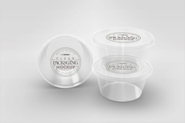 透明圆形调料容器包装样机 Clear Round Sauce Containers Packaging Mockup