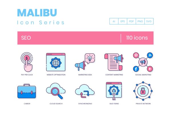 Malibu系列-110枚搜索引擎优化SEO主题图标素材 110 SEO Icons &#8211; Malibu Series