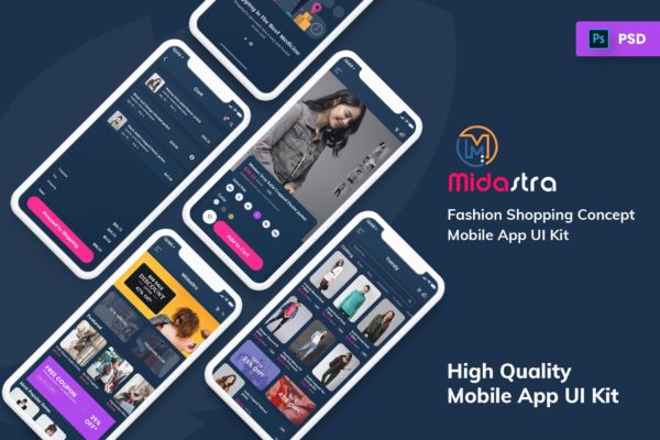 时尚购物APP应用UI设计套件 Midastra-Fashion Shopping Mobile App UI kit Dark