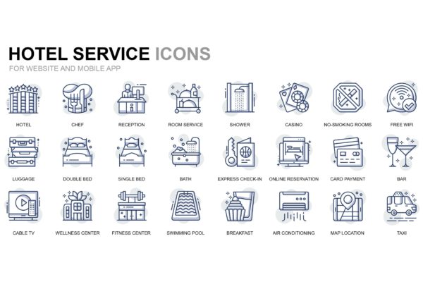 酒店服务主题线性图标素材 Hotel Services Thin Line Icons