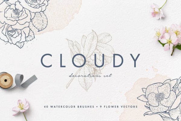 40款水彩图形PS画笔笔刷＆矢量花卉插画素材 Cloudy Watercolor Decorations Set