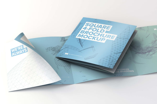 方形四折页设计小册子传单设计折叠和展开效果图样机模板 Folded and Unfolded Square 4-Fold-Brochure Mockup