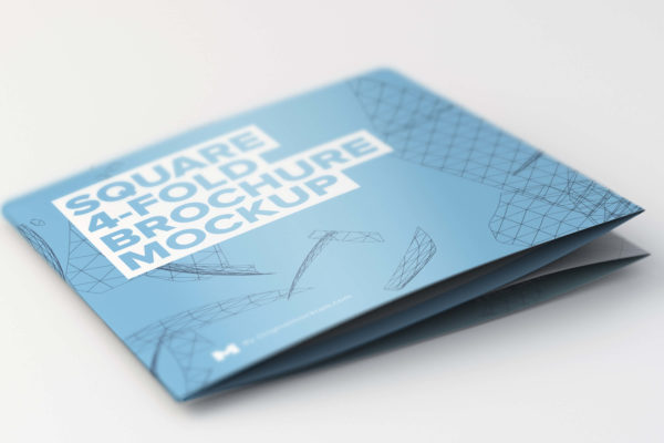 四折页方形折叠宣传册&amp;传单封面设计样机模板 Folded Square 4-Fold Brochure Mockup