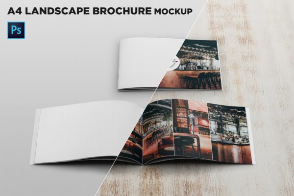 企业画册产品手册封面&amp;内页版式设计正视图样机普贤居精选 Cover &amp; Open Landscape Brochure Mockup Front View