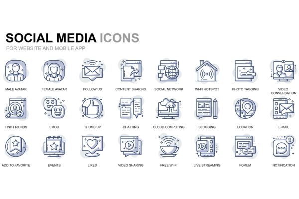 社交媒体互联网细线图标线性图标素材 Social Media and Network Thin Line Icons