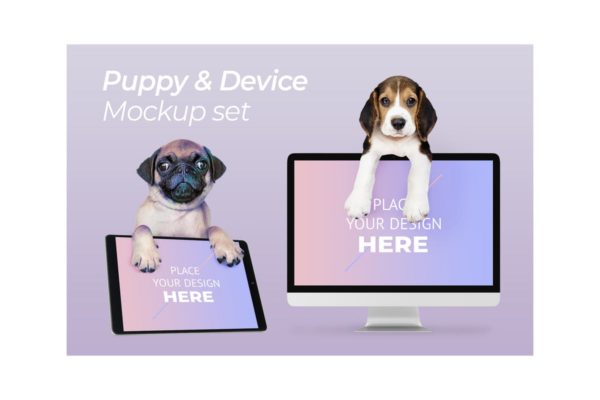 宠物主题网站设计演示电脑样机模板 Dog with Computer Mockup