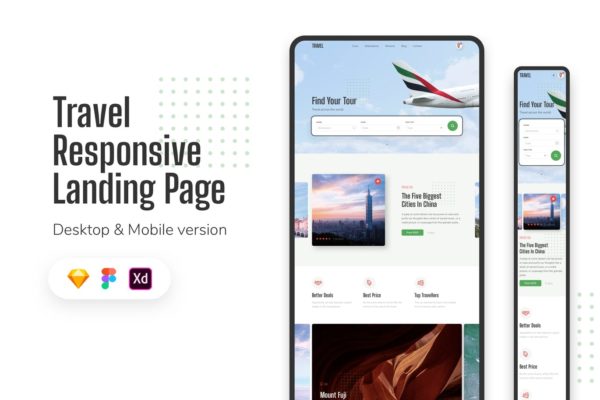 响应式旅游主题网站UI设计套件 Travel Responsive Landing Page